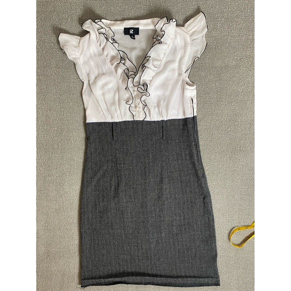 Iz Byer White and Charcoal Business Casual Ruffle Sheath Dress Office Wear